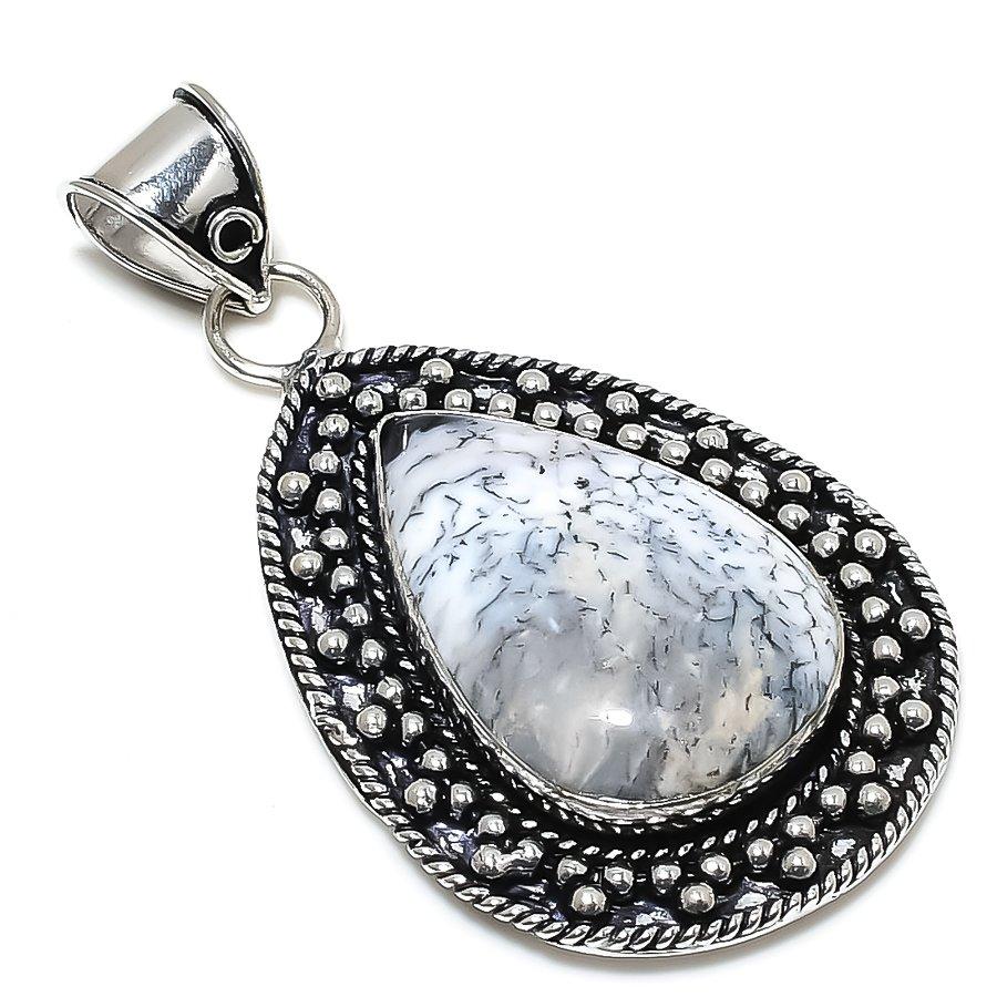 Natural Dendrite Opal Gemstone 925 Sterling Silver Gift Pendant 2.52" W5v90
