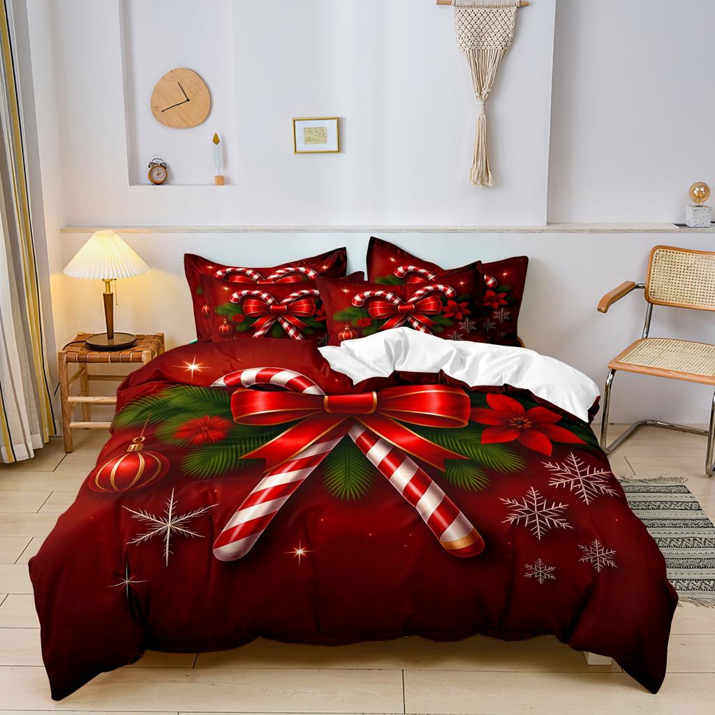 3pcs Down Elk Snowflake Christmas Theme Square Grid Quilt Cover Set Soft Microfiber Checkered Bedding Bedroom Decor