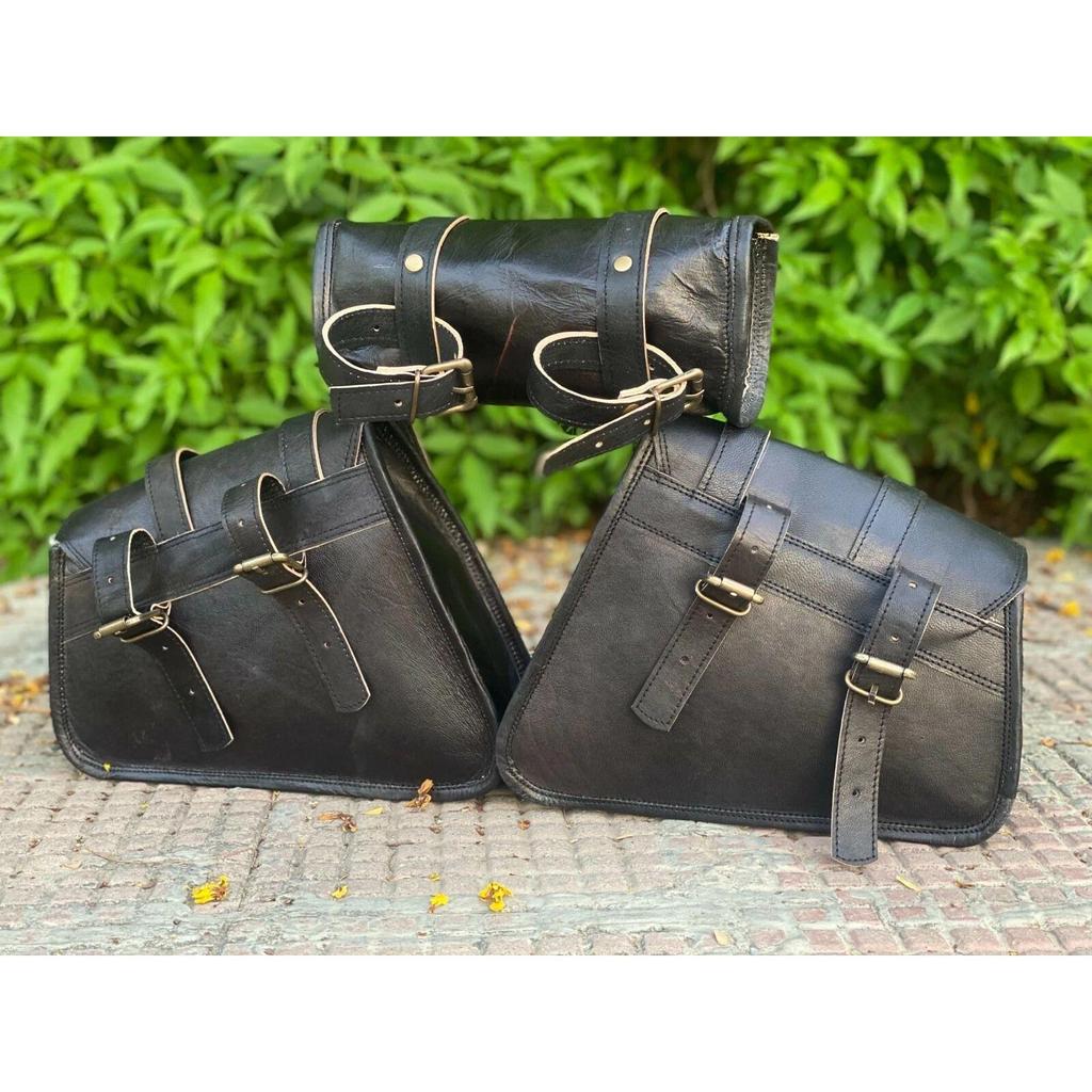 Combo Pack Of 3 Real Black Leather Motorcycle Saddle Bags 3 Side Pouch Panniers