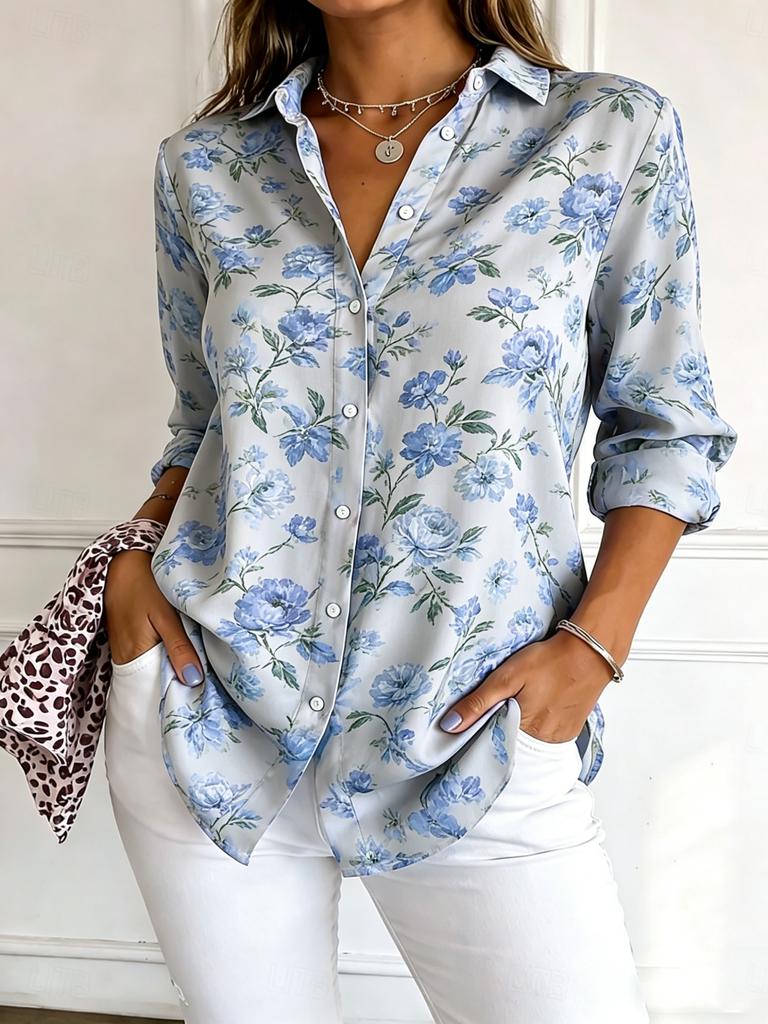Women's Long Sleeve Floral Print Button Down Casual Shirt Elegant Daily Blouse Tops in Blue for Spring Summer