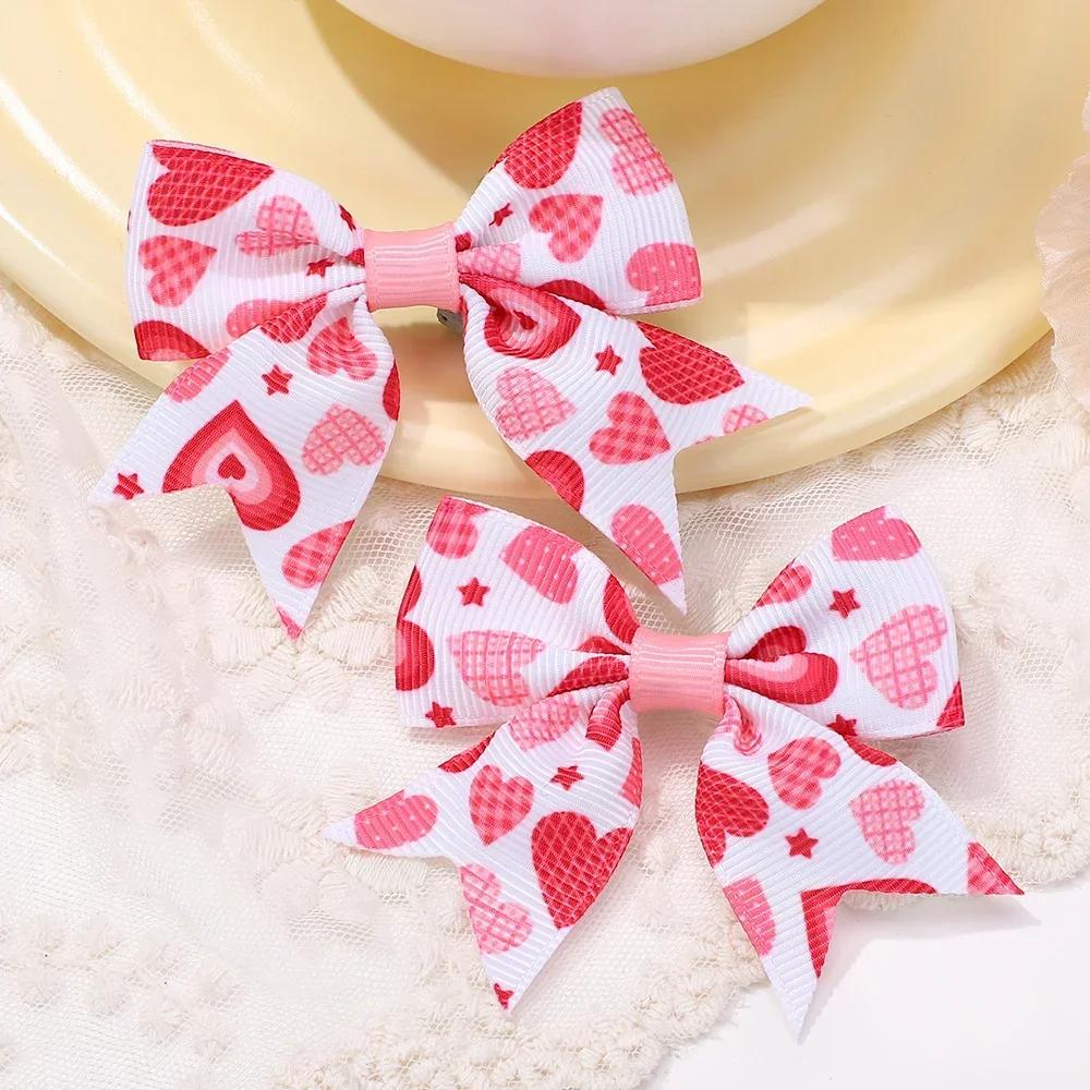 2Pcs/set 2.36''  Valentine's Day Printed Bow Hairclips for Girls Children Ribbon Hair Bows Clip Cheer Up Hair Accessories Gifts