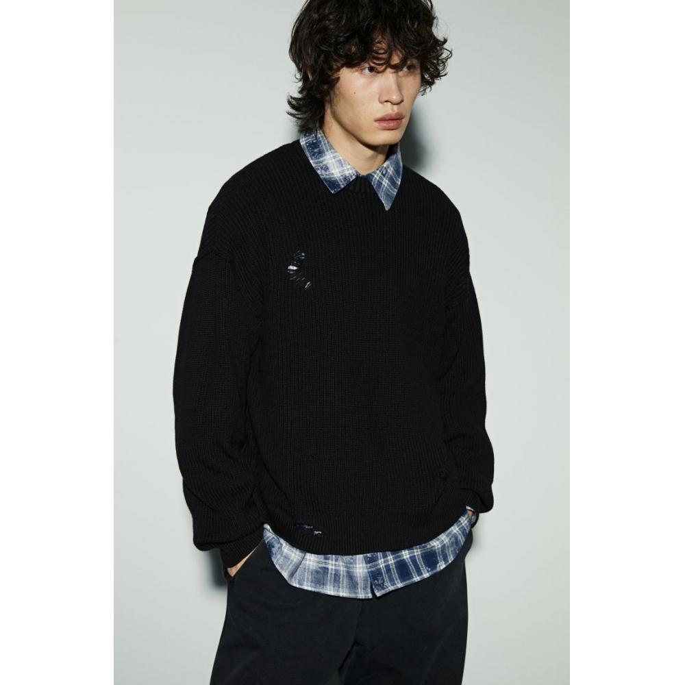 H M Distressed Sweater Loose Fit Black
