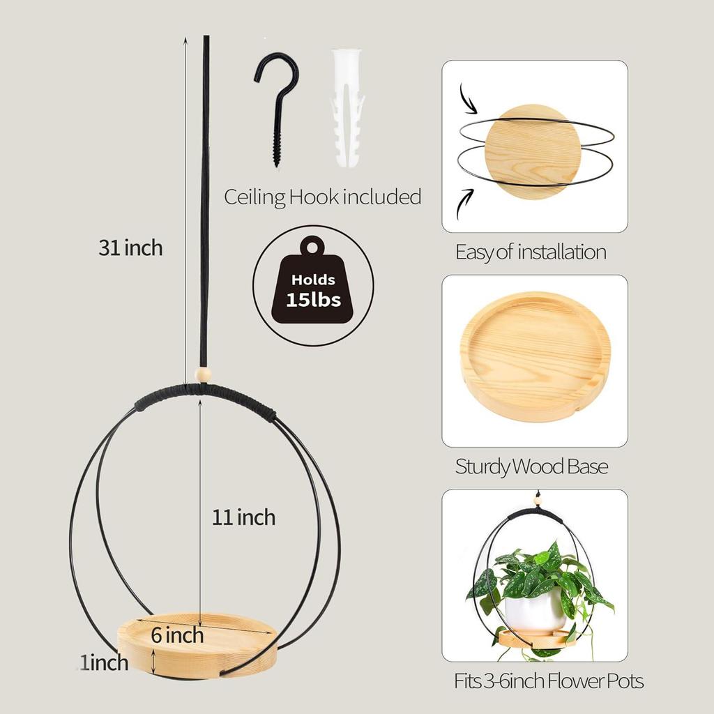 Creative Round Hanging Basket & Flower Wreath Pot - Aerial Wood Plant Stand Ornament