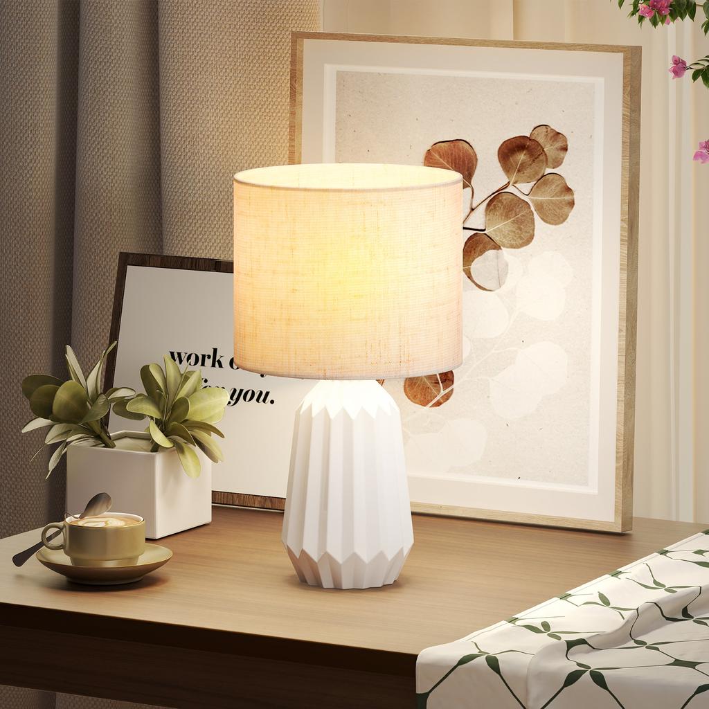 Retro Table Lamp, Ceramic Base, Linen Shade, 40W, White and Beige