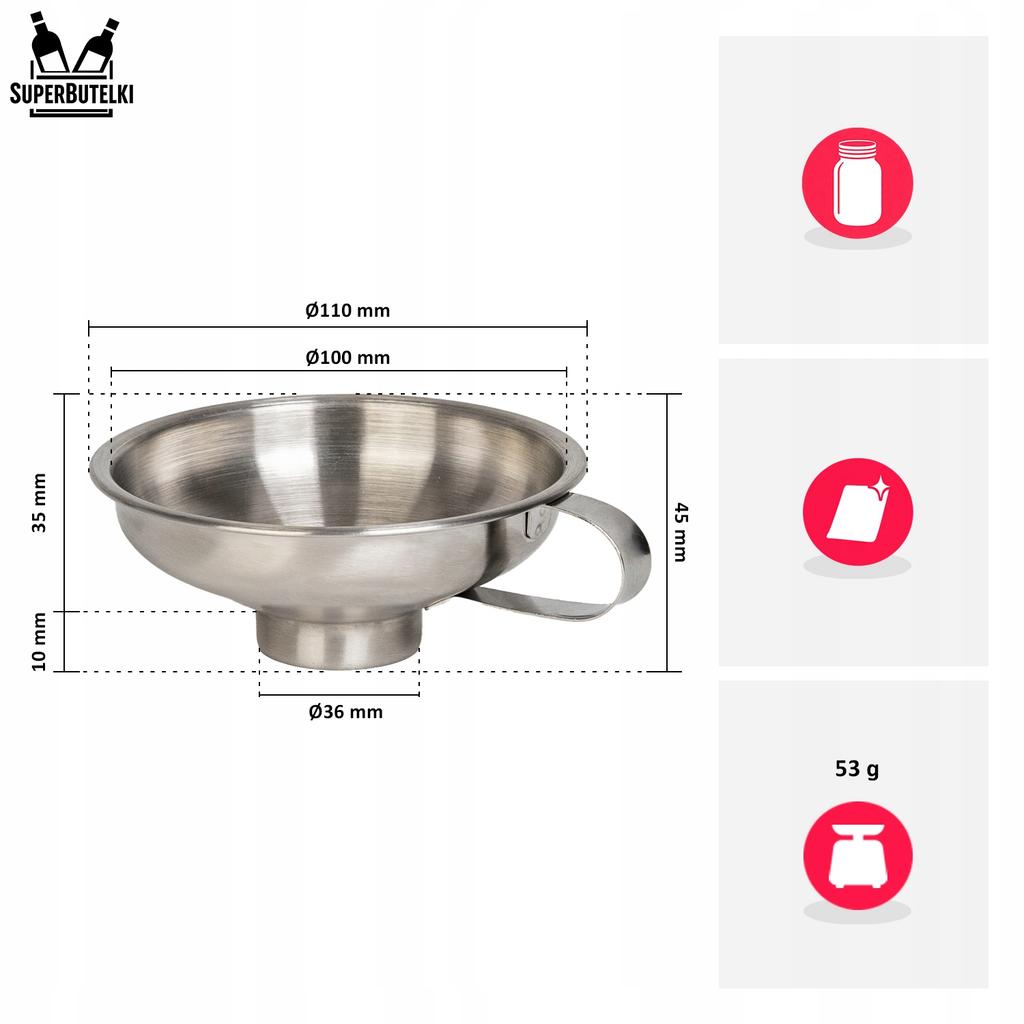 Stainless steel funnel for jars (wide stem opening) diameter 10.5 cm + handle