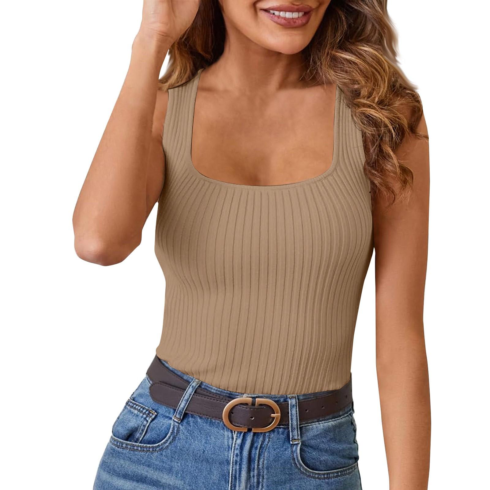 

Летний женский жилет с квадратным воротником, высокоэластичный тонкий сексуальный топ без рукавов S хаки