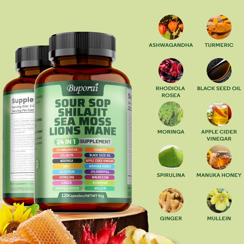 Soursop Capsules Contain Shiitake Mushroom, Seaweed, and Hericium Erinaceus Extract; Vegan; Antioxidant Support; and Joint Health Benefits.