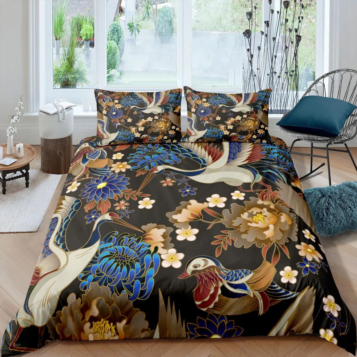 

Japanese Crane Duvet Cover King Queen Size Wave Flower Ukiyo-e Style Bedding Set Eastern Culture 23pcs Polyester Quilt Cover AU King 245x210cm