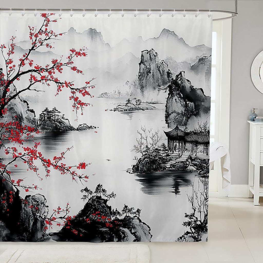 Feelyou Japanese Wave Bath Curtain for Boys Girls Fuji Mountain Shower Curtain Waterproof Japanese Style Bathroom Shower Curtain