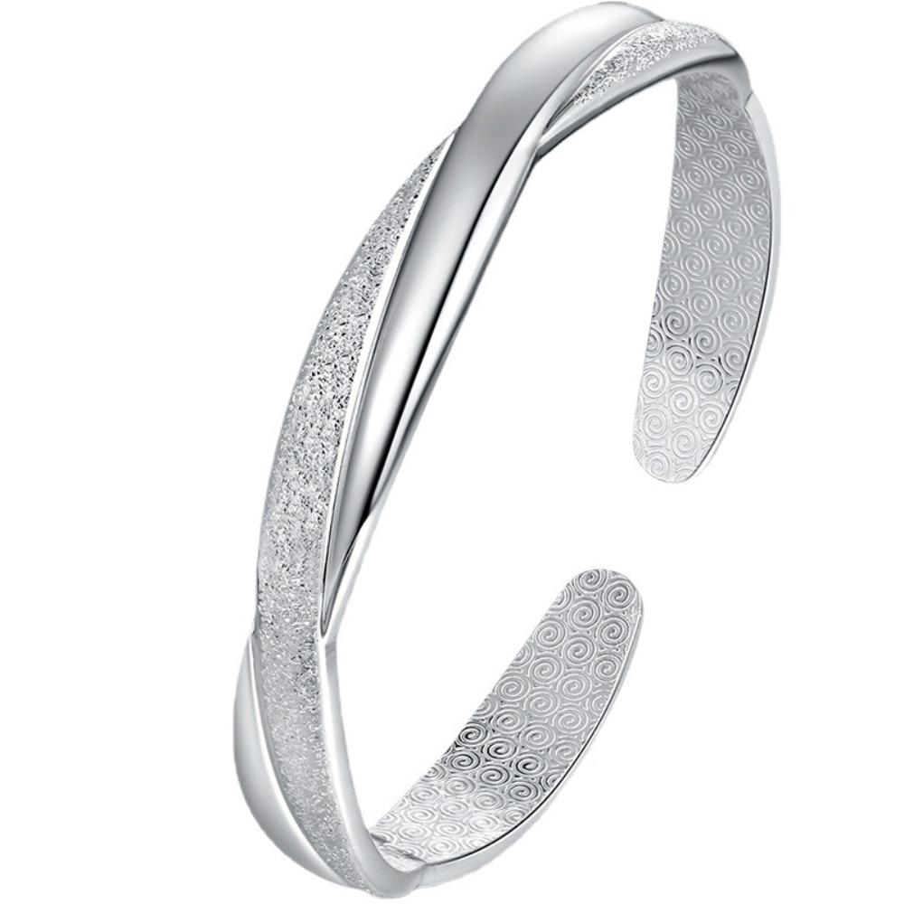 Matte Finish Open Bangle Silver Plated Love Bracelet for Women Interwoven Design Jewelry