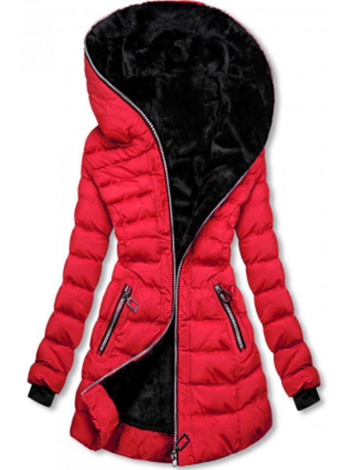 Women's Hooded Long Sleeve Zipper Jacket with Velvet Lining (Winter, Mid-Length, Style 9988)