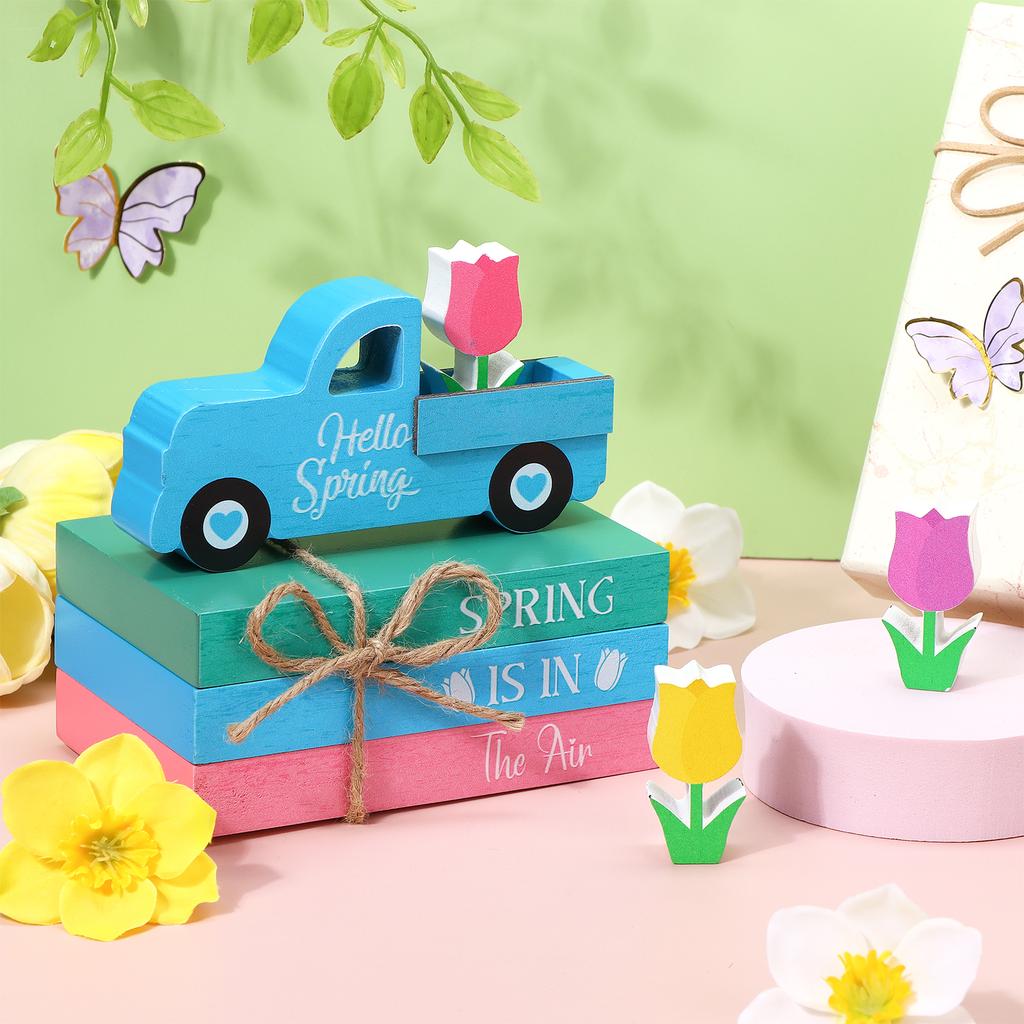 7 Pcs Spring Wooden Table Signs Decorations Hello Spring Table Centerpiece Rustic Farmhouse Easter Faux Book Stack Pastel Tulip