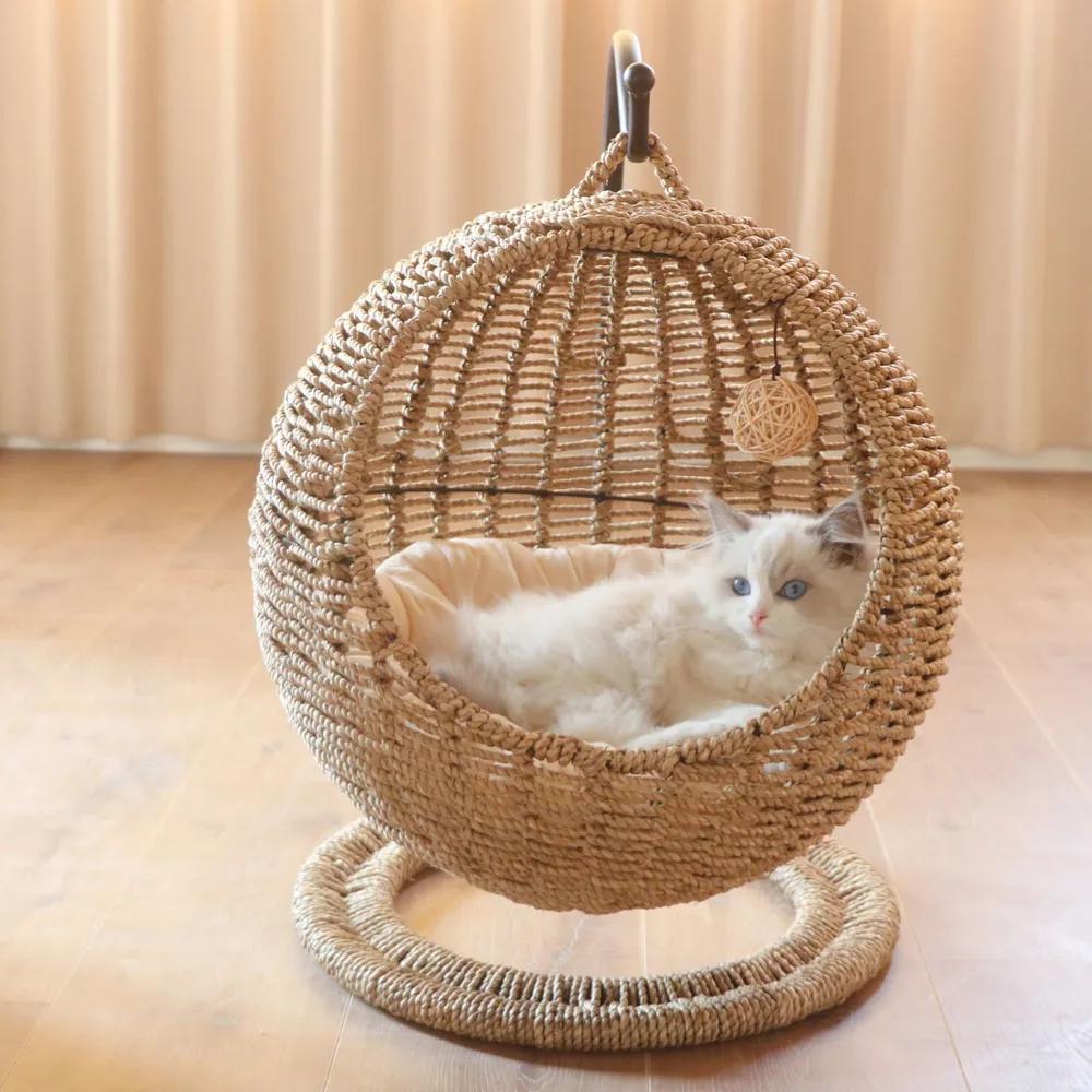 

Cat Nest Hand Made Wicker Bed Basket Swing Pet House Nest for Small Dog Cat with Cushion Home Decoration Winter Season Universal 60x46x46cm