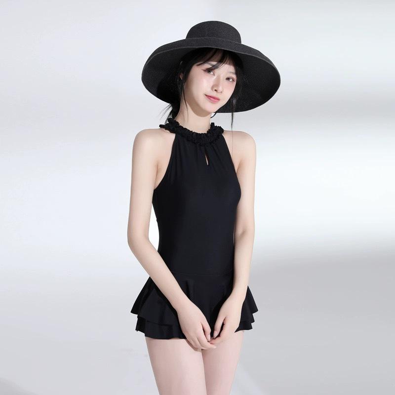 Women's Korean Style One-Piece Swimsuit - Black, Skirted, Backless, Slim Fit, Belly Covering