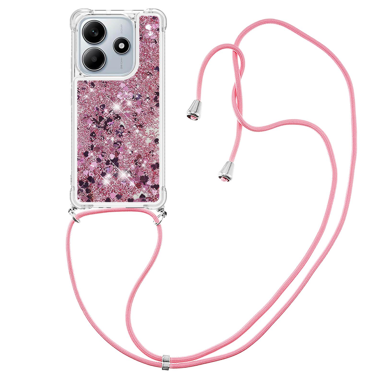 

For Xiaomi Redmi Note 14 4G (163.25x76.55x8.16mm) TPU Case Quicksand Phone Cover with Lanyard Rose Gold/Hearts