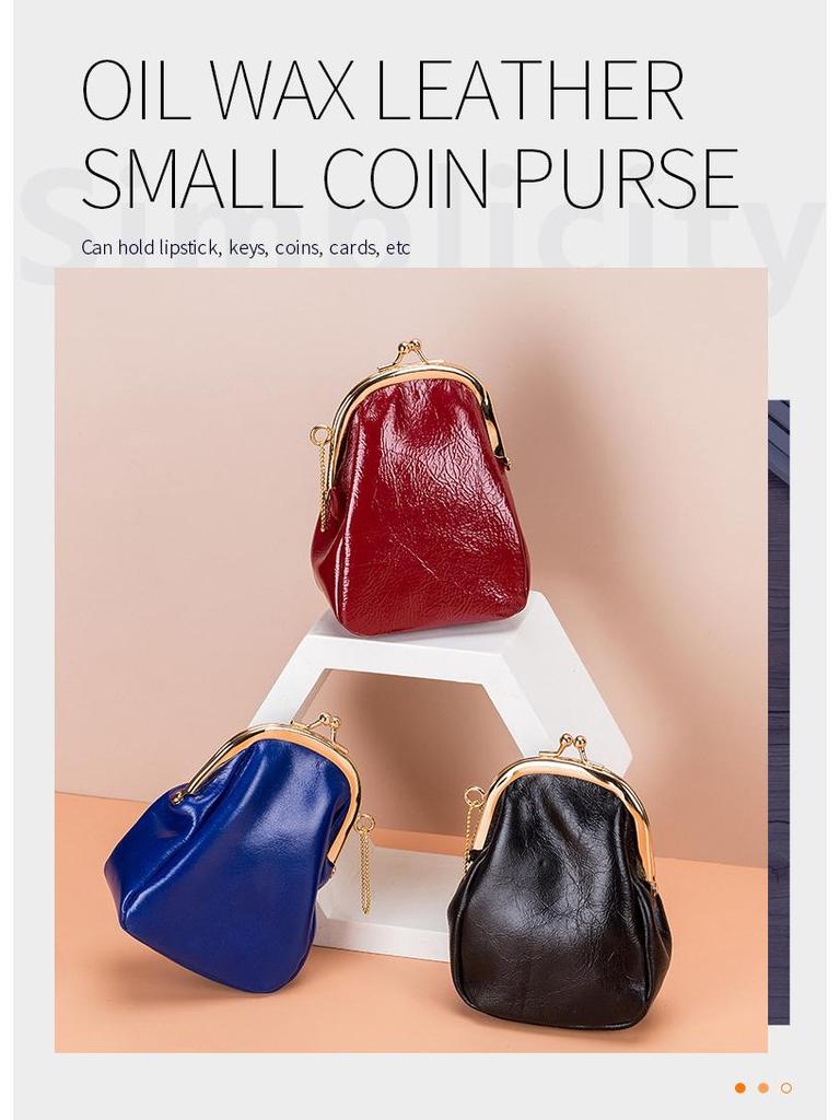 Vintage Leather Kiss Lock Coin and Card Pouch: Mini Earphone Holder Clip Bag