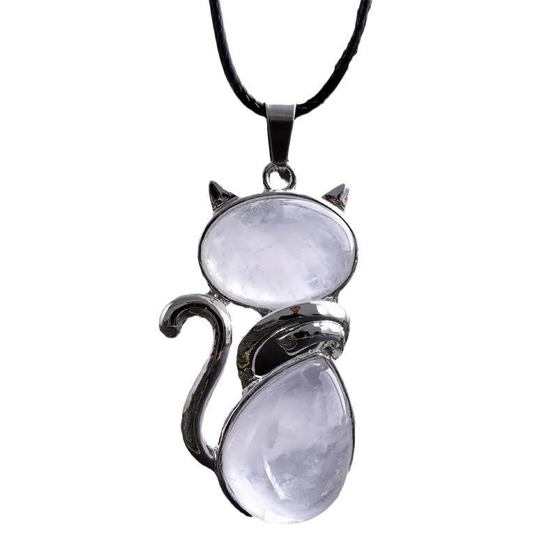Natürlicher Kristall Katzen Anhänger Halskette Mit Amethyst Und Rosenquarz Für Einzigartigen Schmuck Geschenk