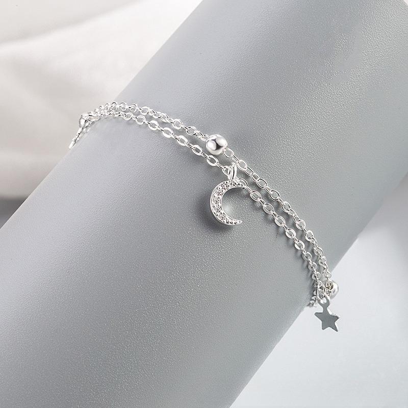 925 Silver Star Moon Bracelet Women Girls Vintage Korean Crystal Charm Jewelry Gift Sparkling Party Accessories