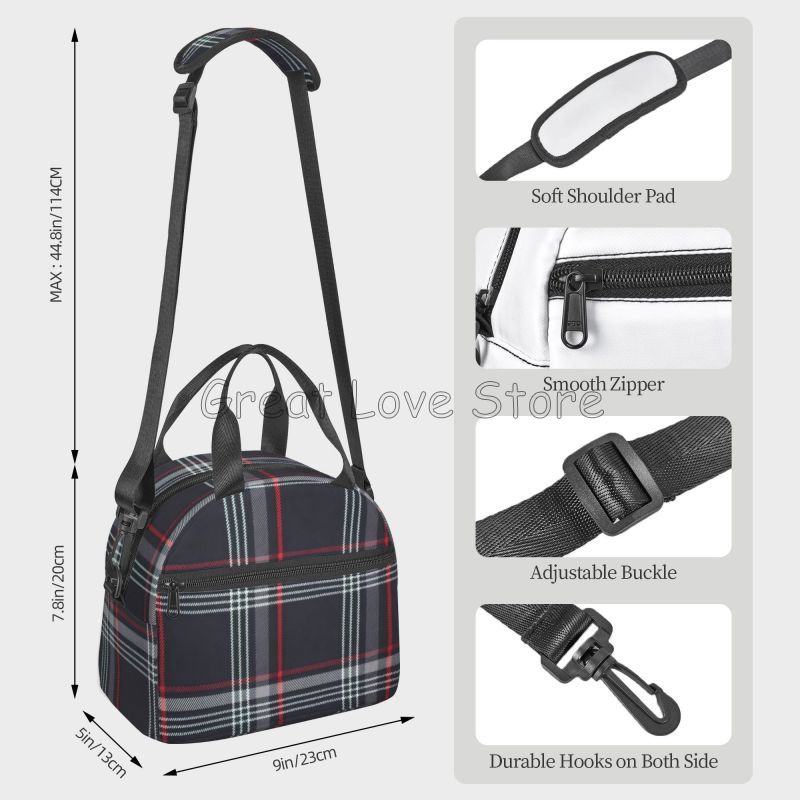 Custom GTI Tartan Insulated Lunch Bag Portable Thermal Lunch Box for Work Travel Reusable Bento Tote with Adjustable Shoulder