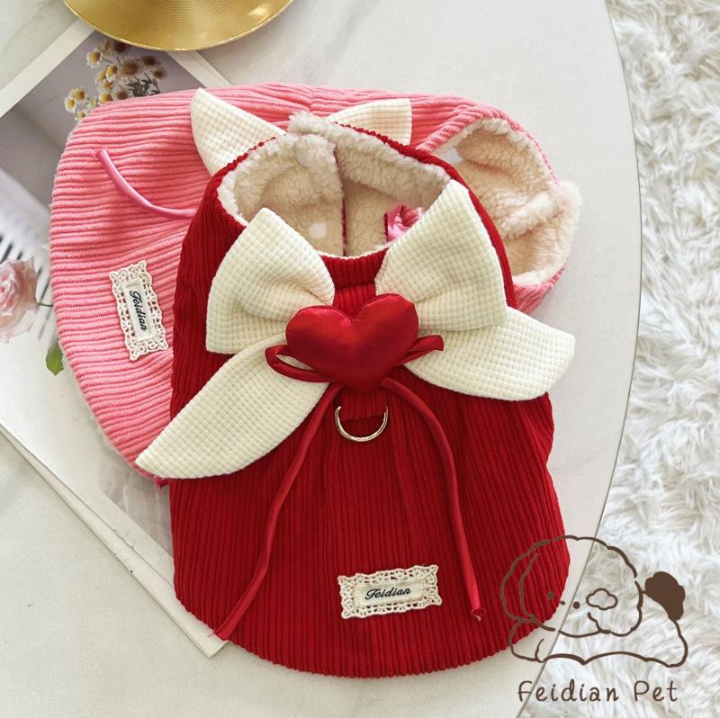 Cute Heart Big Bow Corduroy Dog Dress Thick Warm Pet Apparel Winter Dog Clothes Puppy Small Dog Costume Apparel Pet Dresses Coat