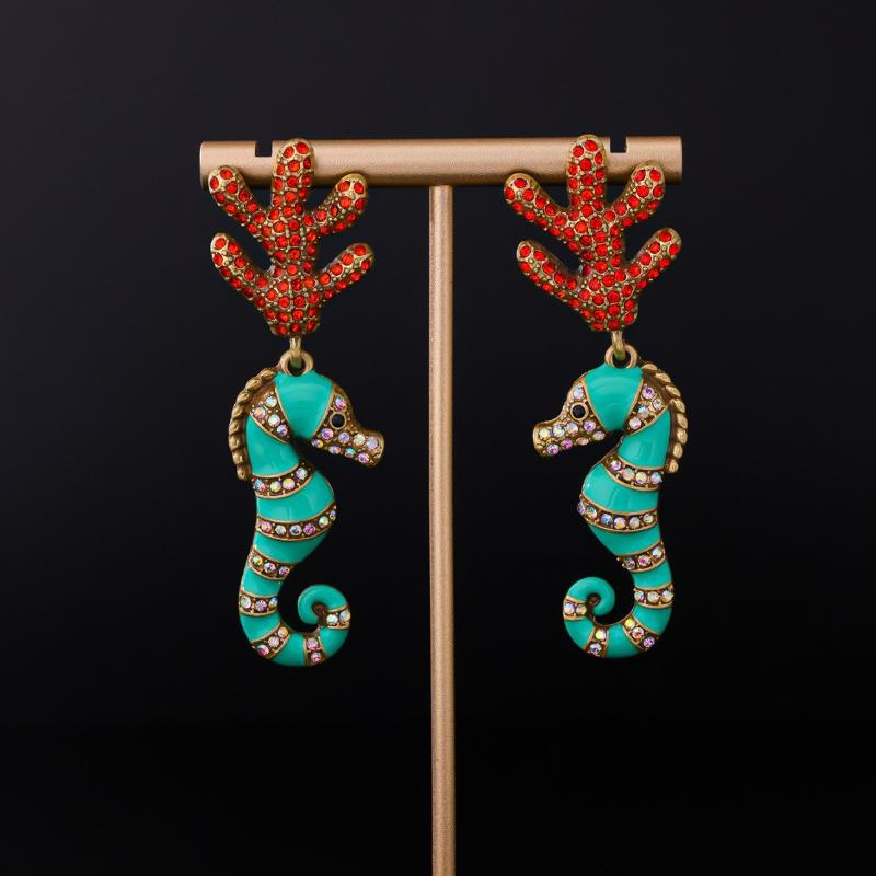 [HF]#1Pair Vintage Micro Diamonds Earrings For Woman Coral Seahorse Enamel Jewelry Gift High Quality Elegant Accessories