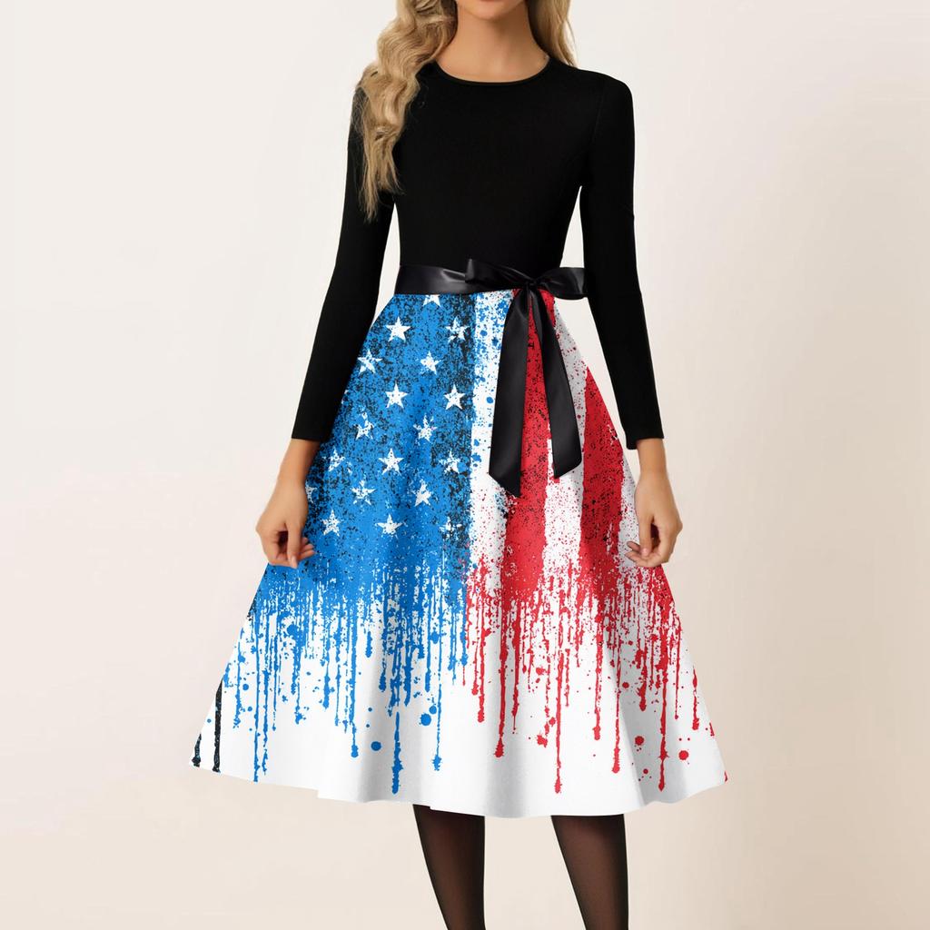Women's Casual Fashion Round Neck Independence Day Print Retro Dress