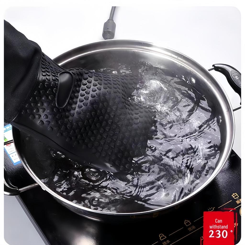 Heat-Resistant Silicone Oven Gloves - Anti-Scald, Waterproof, Flexible, Five-Finger Design for BBQ and Baking.