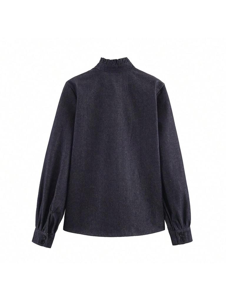Women's Versatile Bow-Accent Long Sleeve Denim Shirt