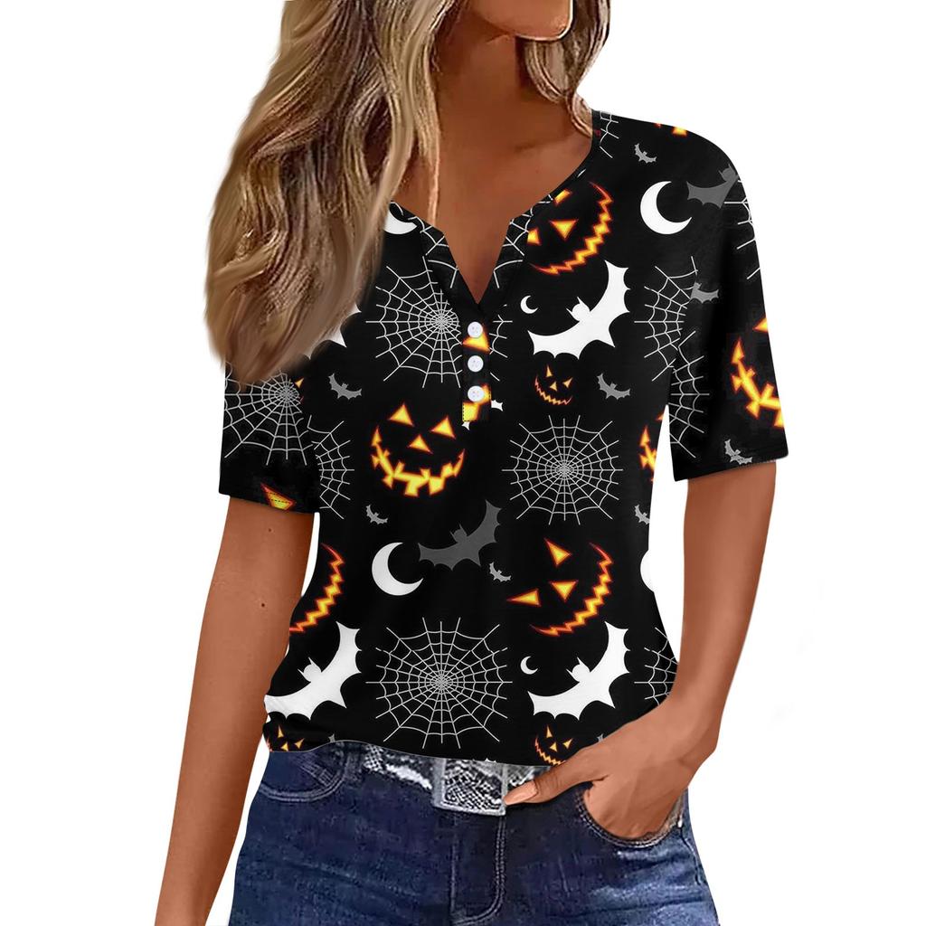 Damen-T-Shirt, T-Shirt, bedruckt, Knopfleiste, kurzärmelig, für den Alltag, Wochenende, modisch, Basic, V-Ausschnitt, normales Oberteil