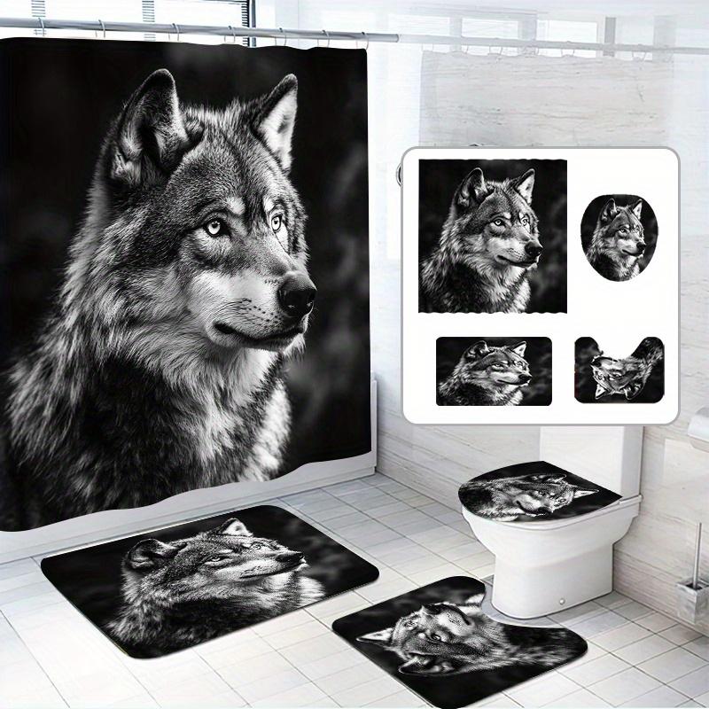 

1/4 Set, Wolf King Gaze Shower Curtain Set, Ready To Use, Black And White Color Scheme, Polyester Fabric, With Non-Slip Bath Mat W60H190(CM)-1 Pcs