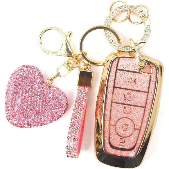Key Fob Cover with Diamond Keychain for Women, Car Key Holder Compatible with Ford Explorer Fusion Edge Expedition F150 F250 F350 F450 F550 Maverick