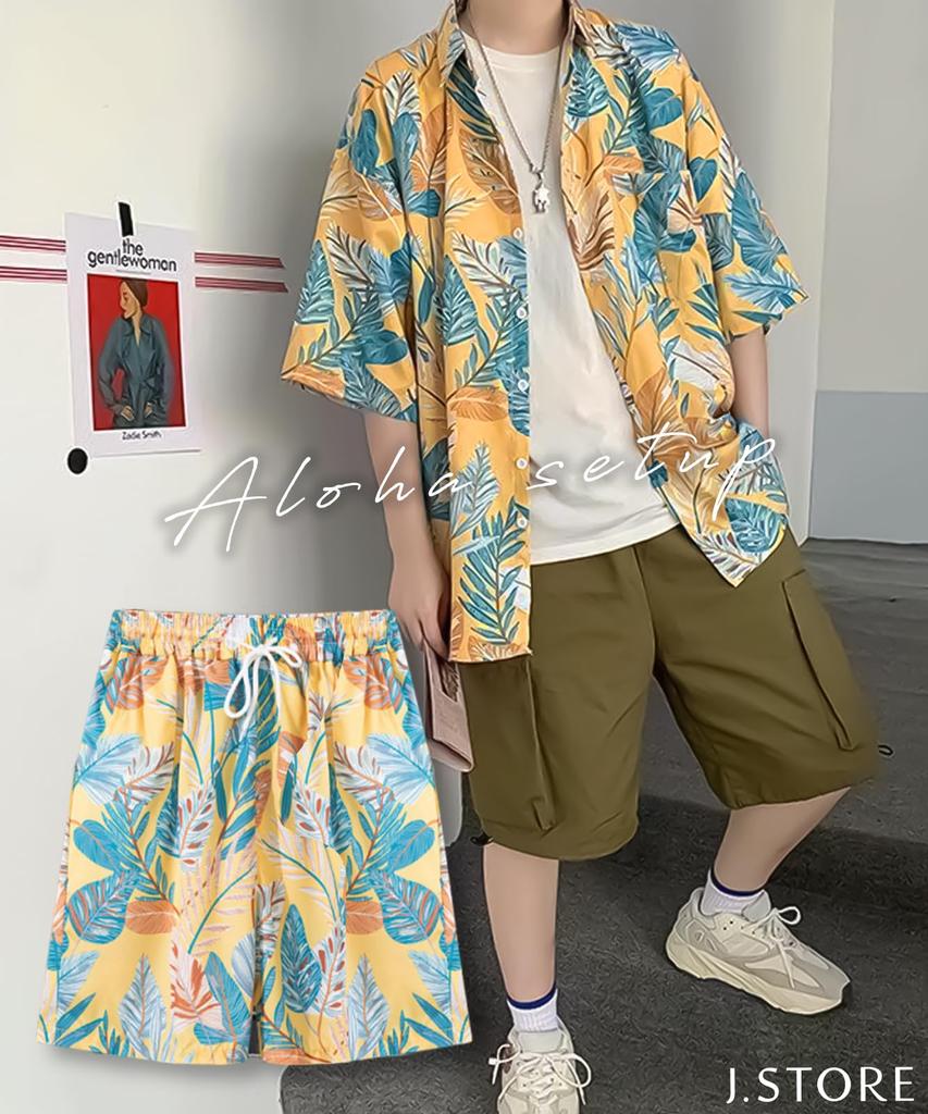 Print Aloha Set Up Short Cargo Floral [J.STORE] All-over Shirt, Pants, Sleeves, Casual, Pants, Sports, Print, Sporty, Men's, Yellow, 5S-J06-YEL