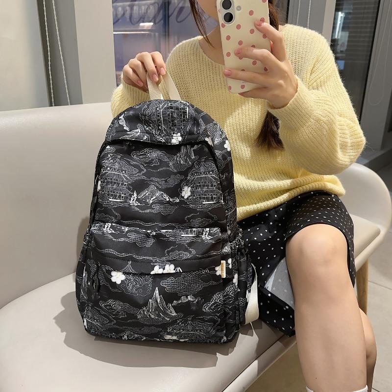 Zaino in Nylon Stampato Paesaggio Stile Cinese con Grande Capacità e Tasche Multiple Adatto per l'Uso Quotidiano e Studentesco Come Zaino Studentesco