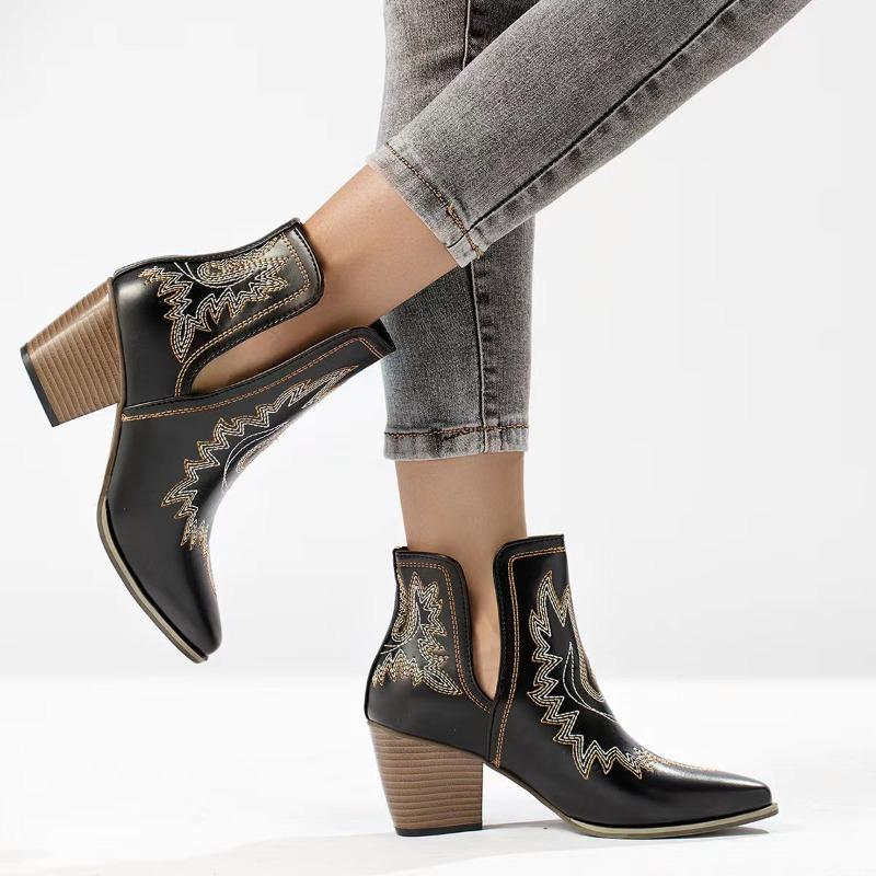 Mode Damenstiefel Vintage Klobige Absätze Western Cowboy Stiefel Leder High Heels Schuhe Damen Herbst Winter Bestickte Ritterstiefel