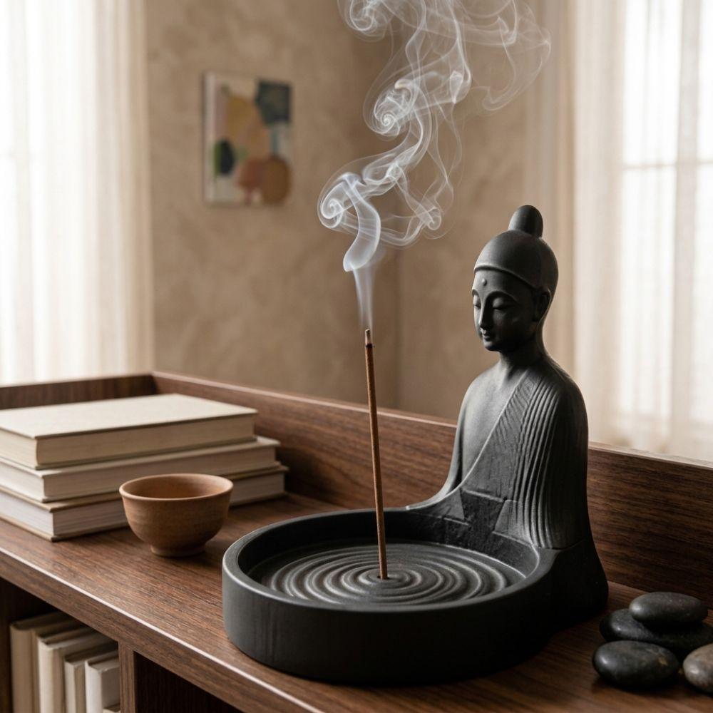 Zen Style Chinese Incense Stick Holder Meditating Monk with Ash‑Catching Incense Burner Minimalist Simulated