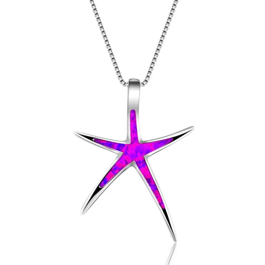 Boho Cute Sea Animal Starfish Pendant Necklace For Women Inlay Imitation Blue Opal Necklace Wedding Party Jewelry Gifts