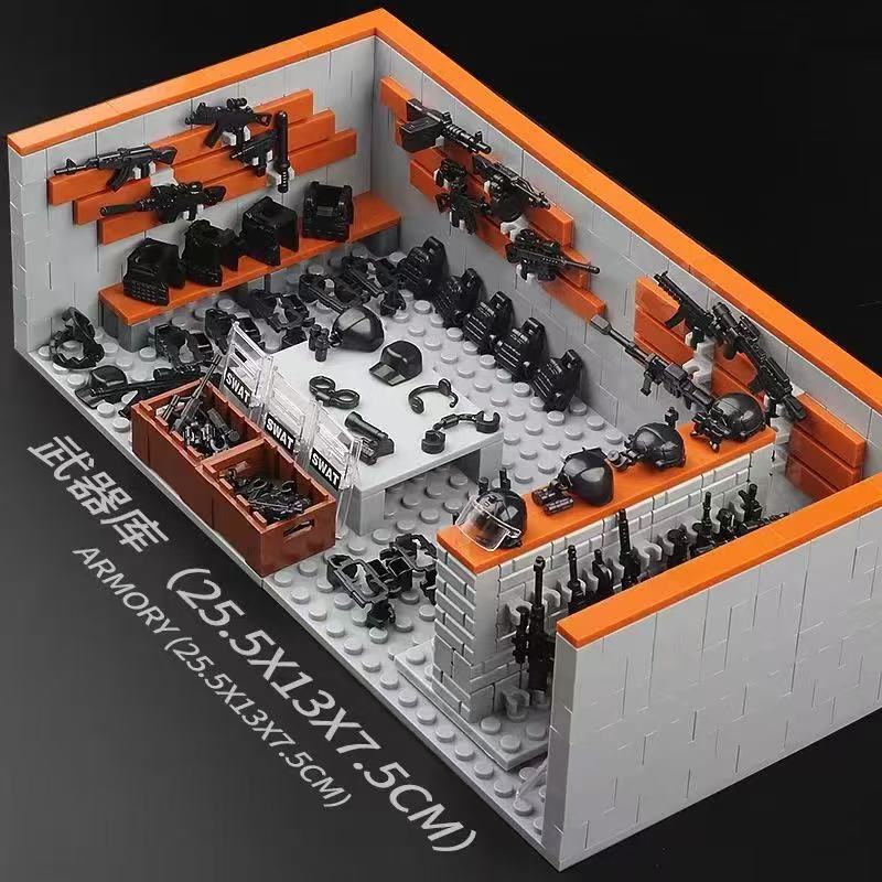 Armory Warehouse Display Rack Military Base Weapons House Armory SWAT Building Block Sets SWAT Brick Boys Kids Toys Gifts