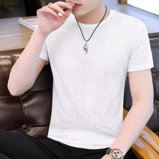 Men Top Breathable Round Neck Quick Dry Mesh Design Short Sleeve All-matched Solid Color Men Summer Top Outing Clothing