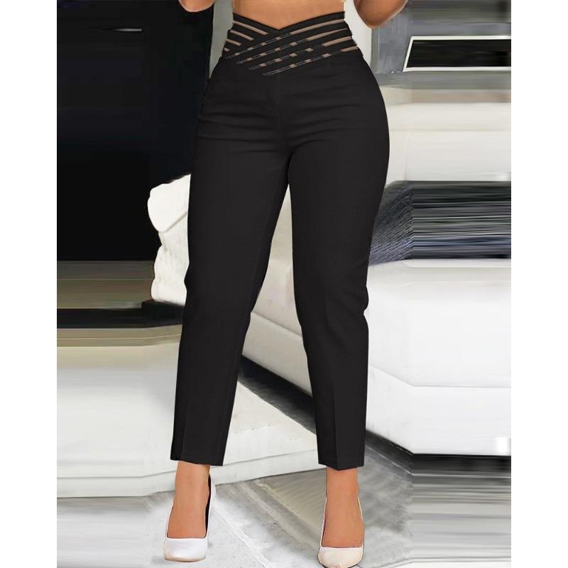 VEZFAA Damesmode Casual Effen Kleur Print Hoge Taille Broek Broek & Capri's