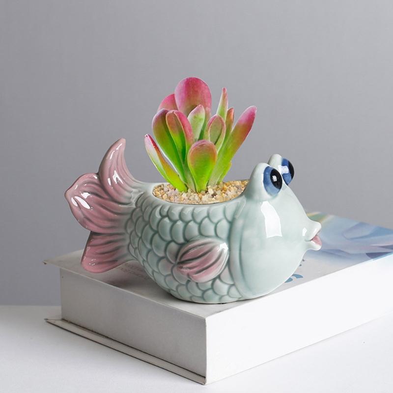 Fish Plant Pot Flowerpot Garden Pot Ceramic Fleshy Plant Pot Planter Plant Holder for Home Office Desk Mini Ornament