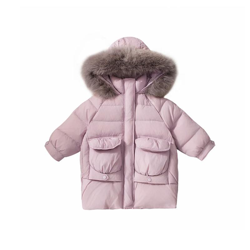 Winter Girls Jacket Long Solid Color Thick Warm Big Fur Collar Hooded Zipper Coat Teen Kids Parka