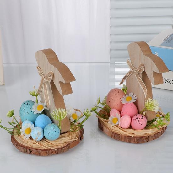Wooden Easter Bunny Decoration Farmhouse Rustic Artificial Flower Colorful Egg Rabbit Table Sign Desktop Ornament