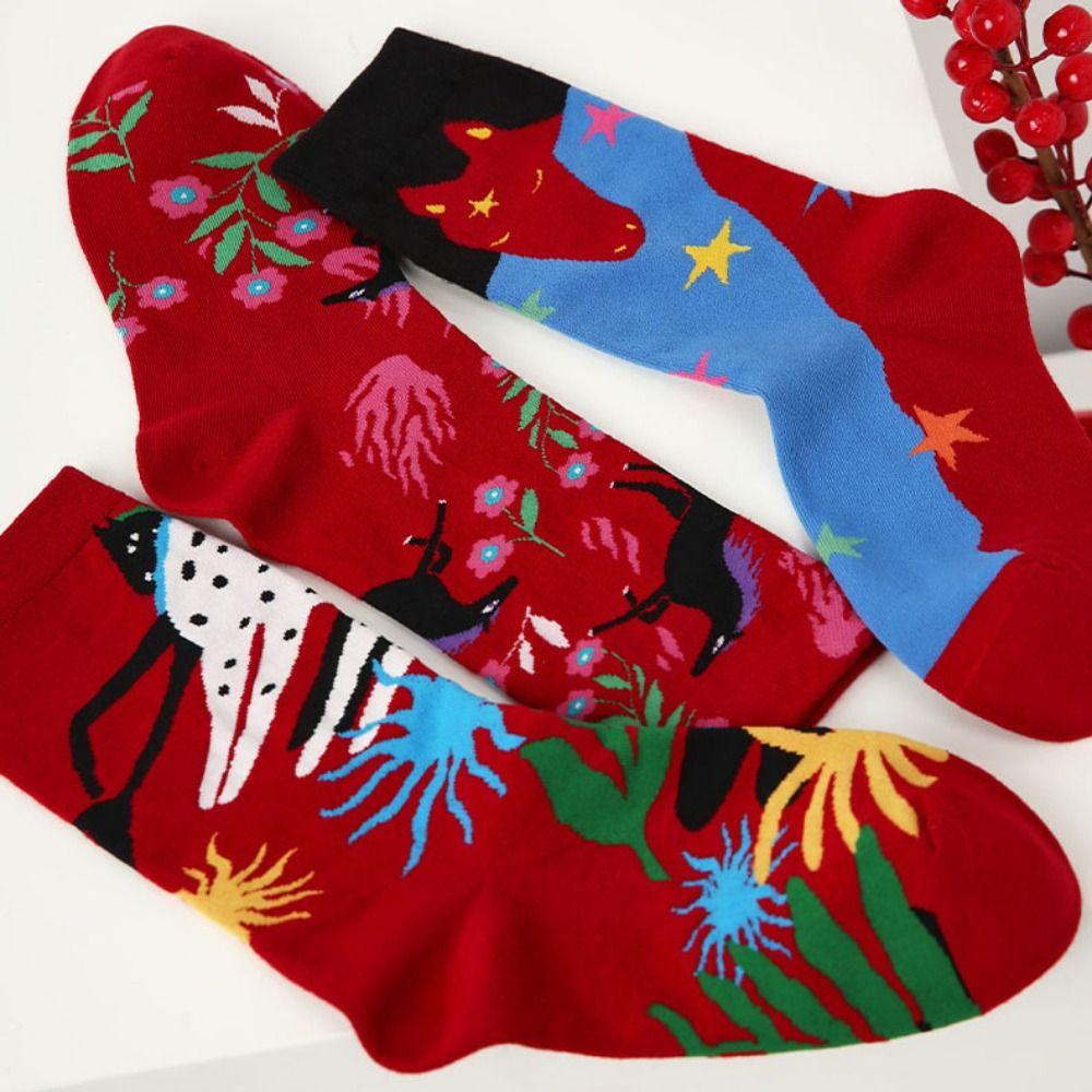 3Pairs Winter Autumn New Year Tube Socks Cartoon Zodiac Year Socks Cute Red Cotton Socks  Women