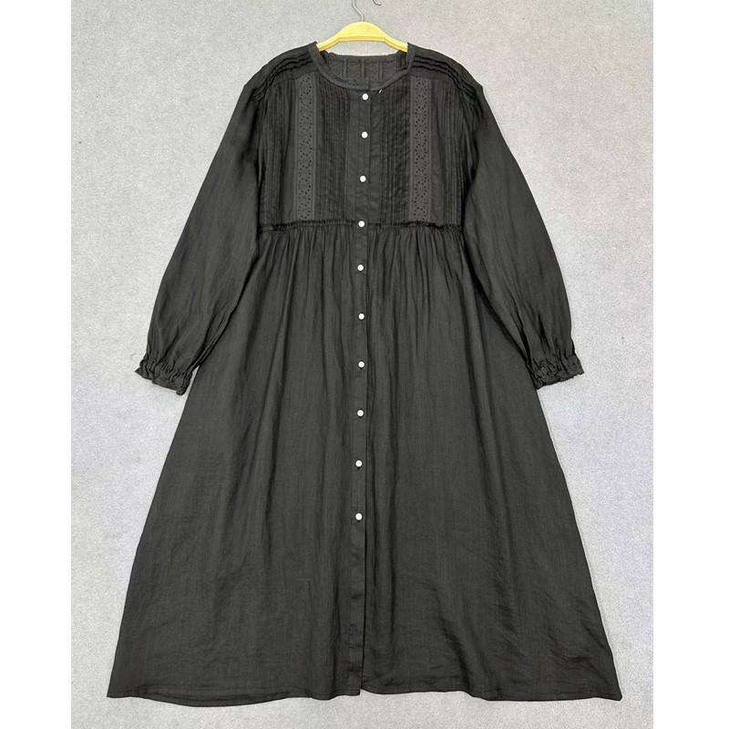 Johnature Japanese Autumn Accordion Pleats Lace Long-sleeved Dresses Vintage Casual Loose Simple Women Dress