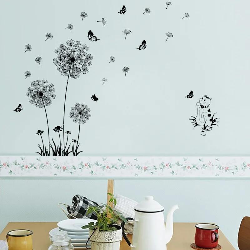 Niedliche Katze Schwarzer Löwenzahn Wandaufkleber Schmetterlinge Wand Wohnzimmer Schlafzimmer Fensterdekoration Wandbild Kunstaufkleber Heimdeko Aufkleber