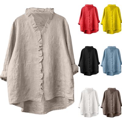 Women's Loose Ruffled Solid Color Stand Collar Long Sleeve Cotton And Linen Top
