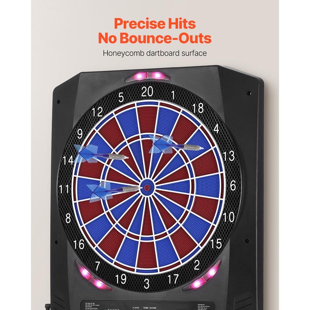 SucceBuy 13.5inch Electronic Dart Board 45 Games 474 Variations 8 Players 6 Darts 50 Soft Tips LED Scoring for Home Party Bar