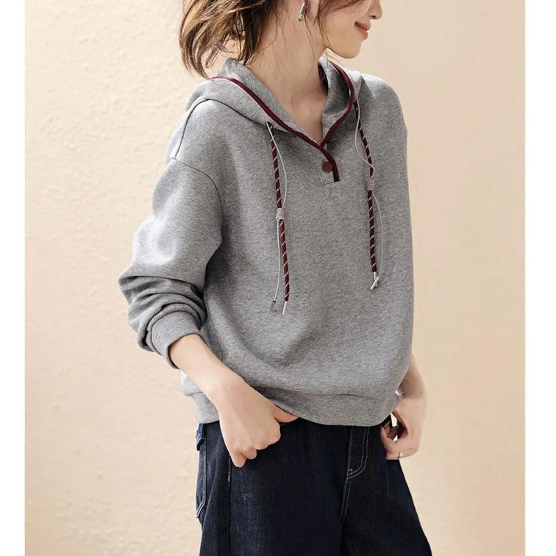 

Women Gray Contrast Trim Hooded Half Button Long Sleeve Sweatshirt M серый