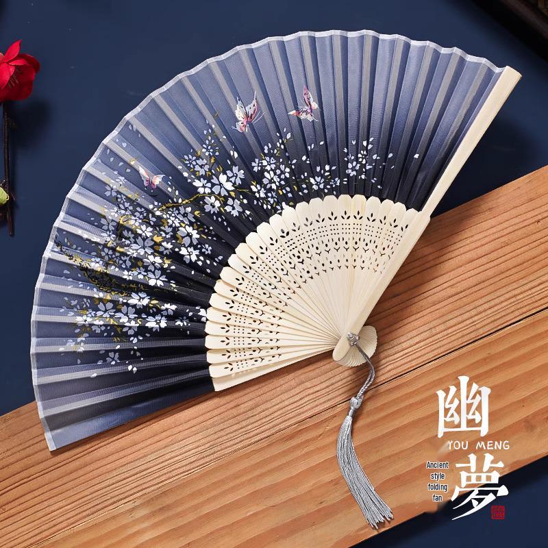 Ancient Chinese Style Black Bamboo Folding Fan for Women's Hanfu Dance Costume