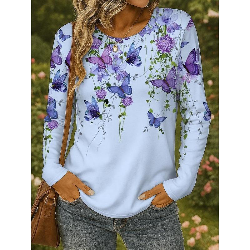 Women's 3D Butterfly Print T-shirt Fashion Long Sleeve Round Neck Regular Tops Holiday Weekend Spring and Autumn